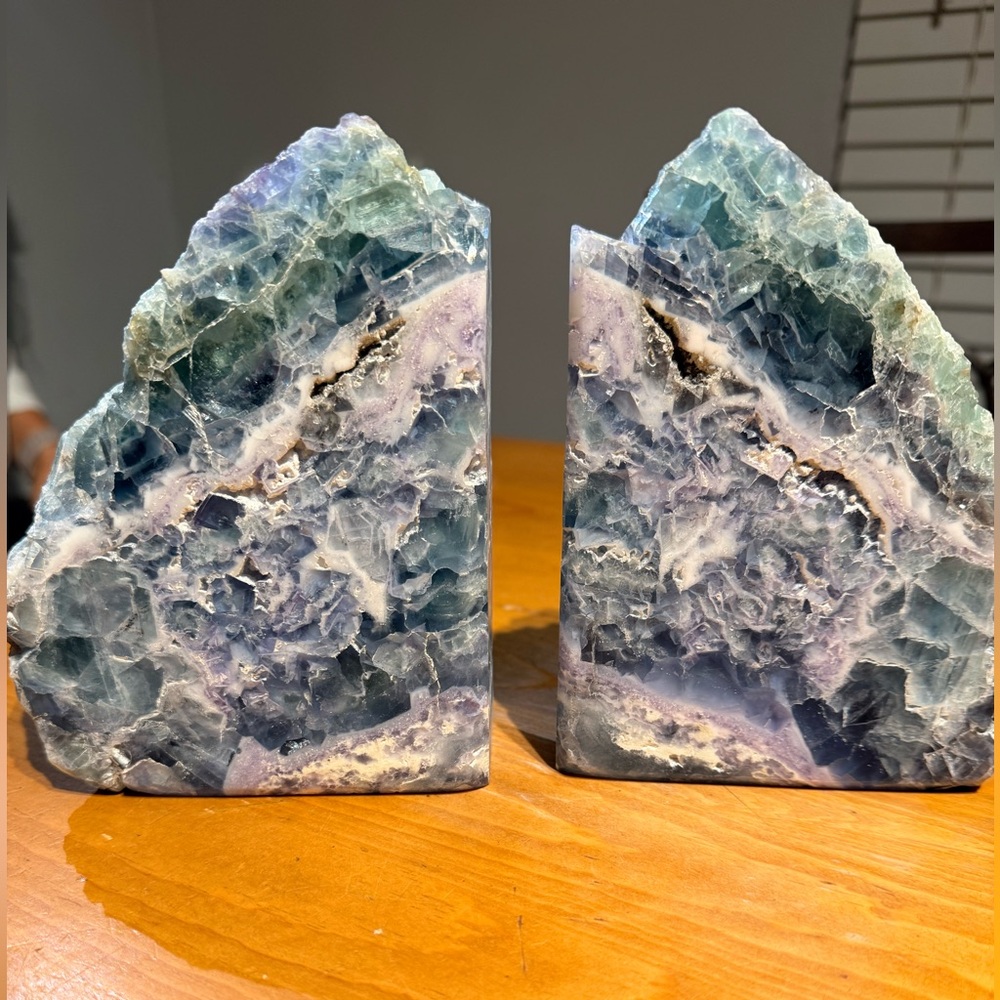 Ocean Aura Fluorite Bookends – Teal, Lavender & Crystal Veins